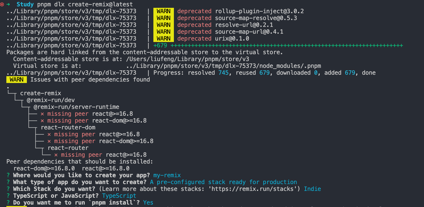 run pnpm dlx create-remix with pre-configured